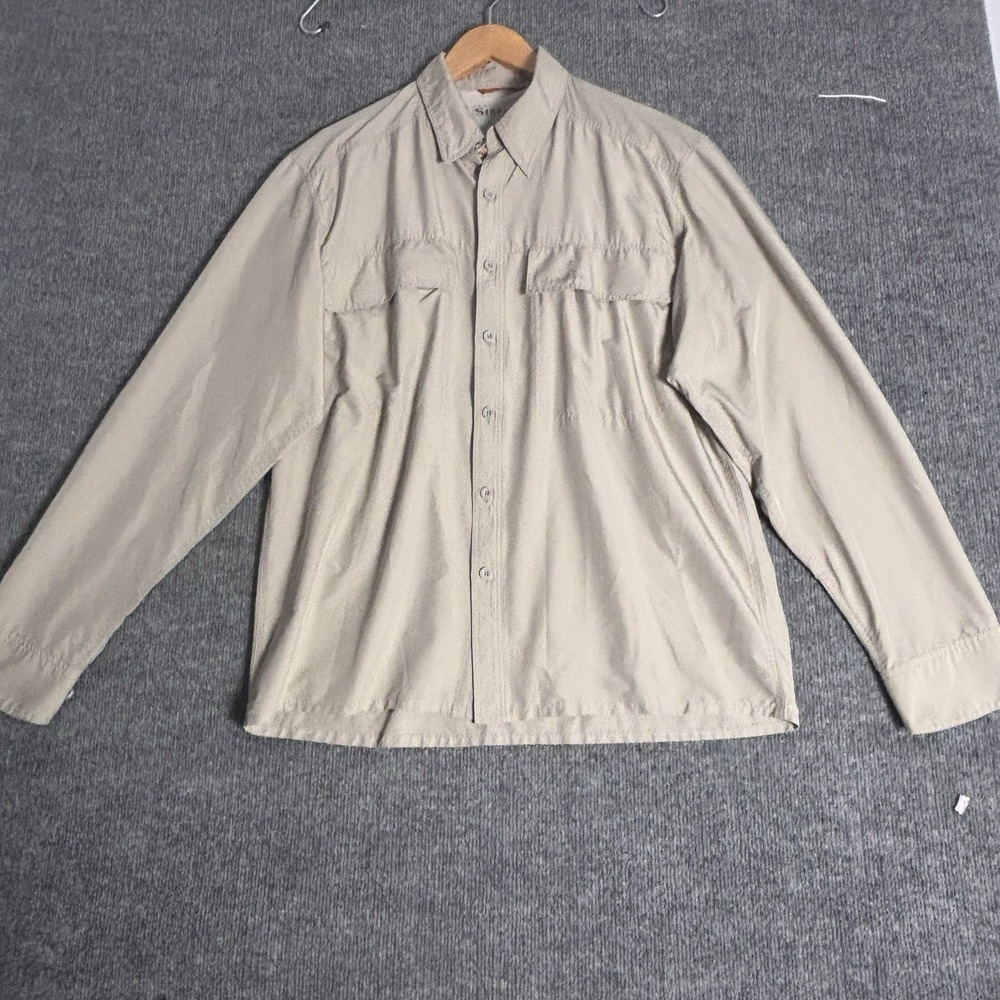 Simms Mens Tan Long Sleeve Fishing Shirt Utility Button Up Pockets Size M